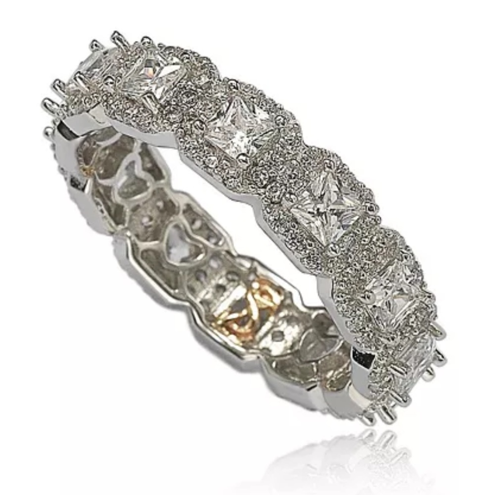 Suzy Levian Sterling Silver Cubic Zirconia Princess Cut Eternity Band Ring New